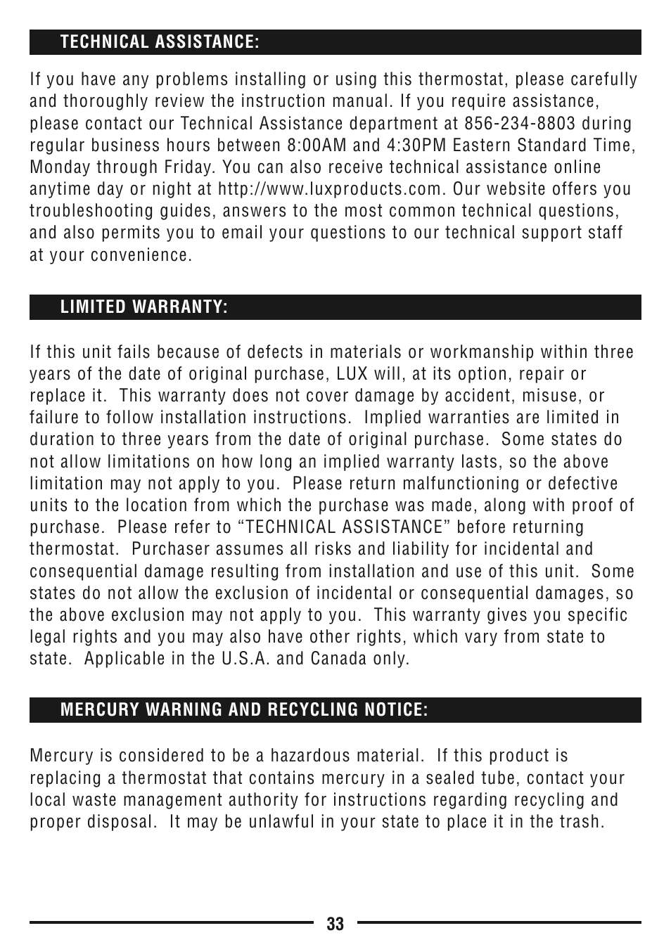 Lux Products TX9600TS User Manual | Page 33 / 34