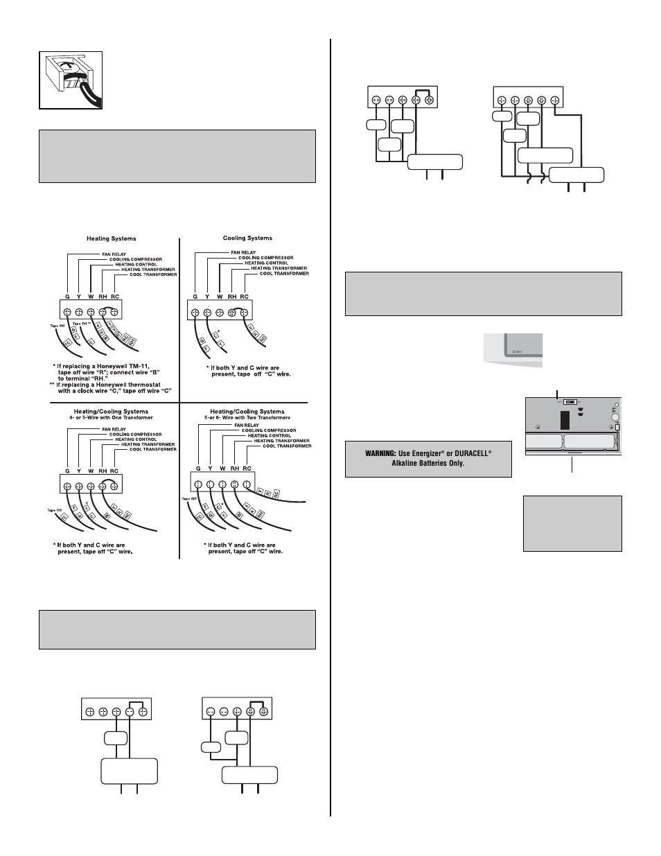 Warranty, Wiring diagrams, Technical assistance | N o t e, Installing batteries/ maintenance, Attaching wires | Lux Products TX500b User Manual | Page 2 / 3