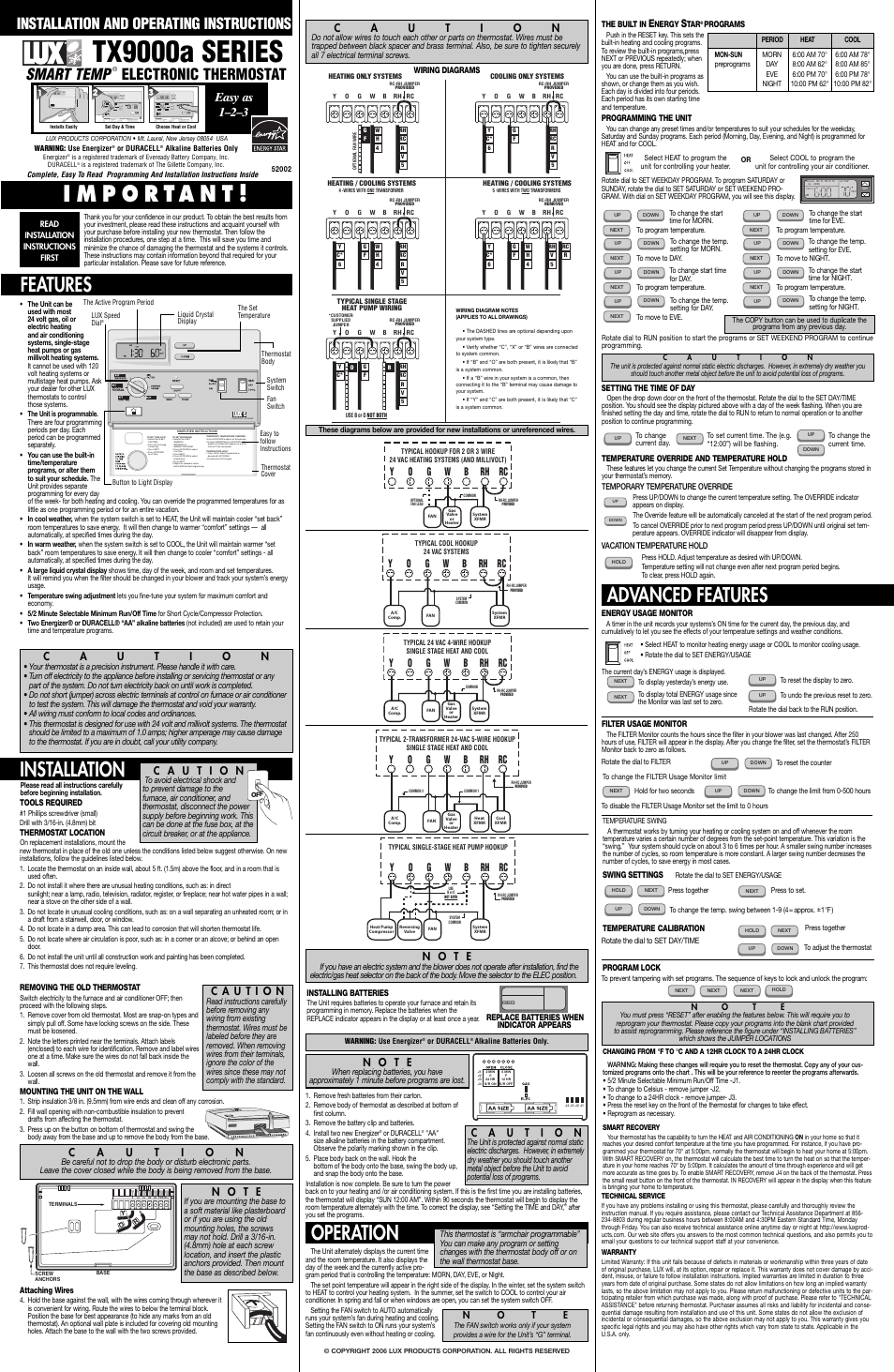 Lux Products SMART TEMP TX9000A User Manual | 1 page