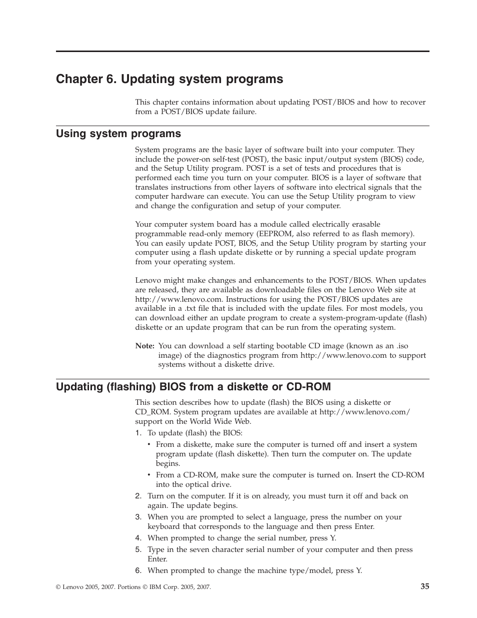 Chapter 6. updating system programs, Using system programs, Updating (flashing) bios from a diskette or cd-rom | Chapter, Updating, System, Programs, Using, Flashing), Bios | Lenovo 6088 User Manual | Page 43 / 80