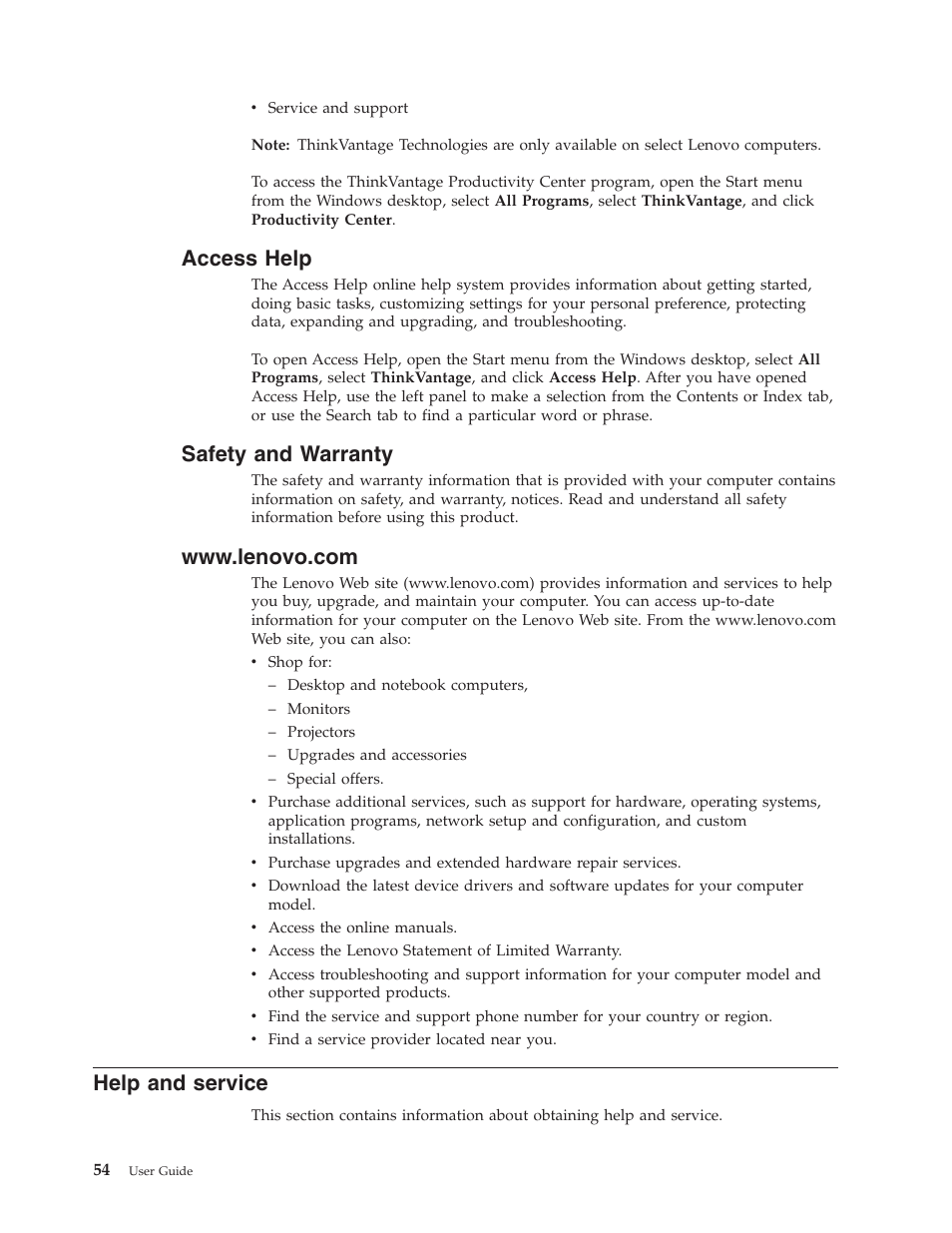 Access help, Safety and warranty, Www.lenovo.com | Help and service, Access, Help, Safety, Warranty, Service | Lenovo 6088 User Manual | Page 62 / 80