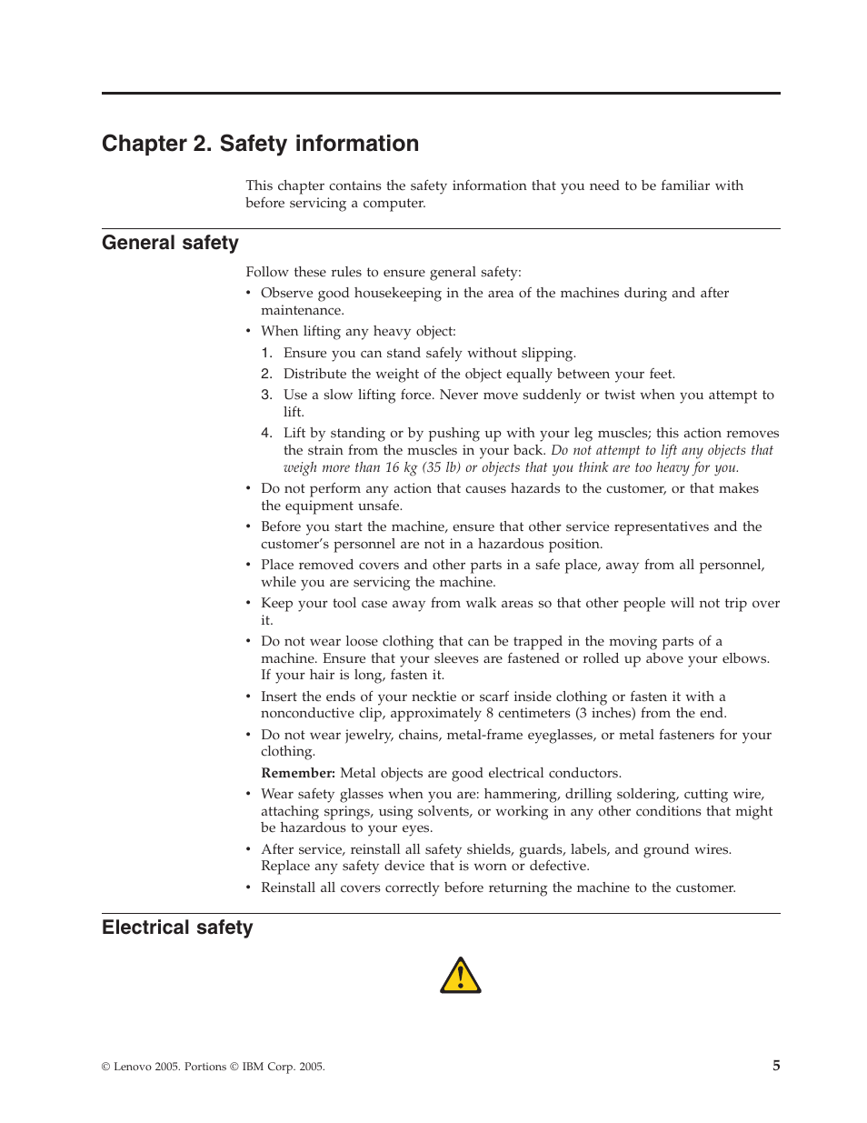 Chapter 2. safety information, General safety, Electrical safety | Chapter, Safety, Information, General, Electrical | Lenovo THINKCENTRE 8177 User Manual | Page 11 / 228