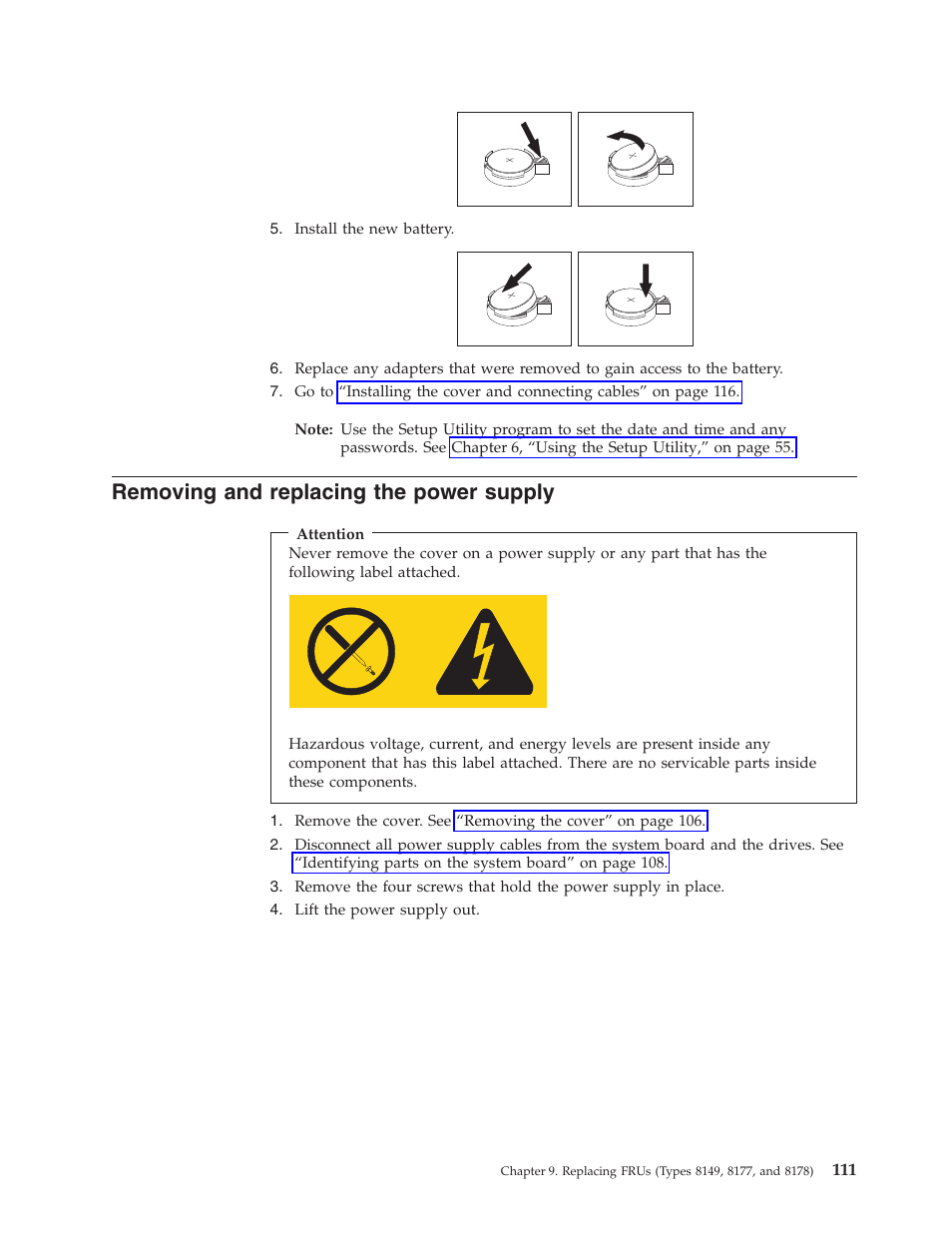 Removing and replacing the power supply, Removing, Replacing | Power, Supply | Lenovo THINKCENTRE 8177 User Manual | Page 117 / 228