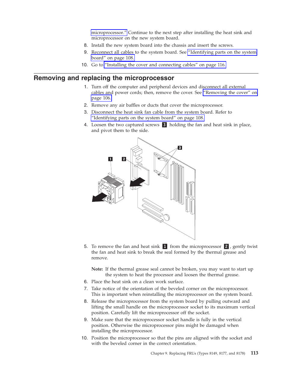 Removing and replacing the microprocessor, Removing, Replacing | Microprocessor | Lenovo THINKCENTRE 8177 User Manual | Page 119 / 228