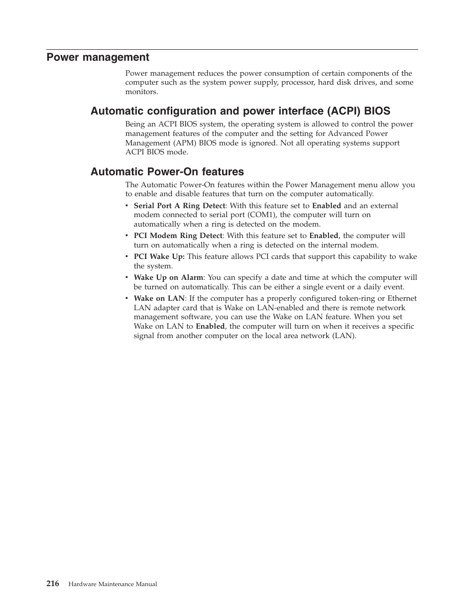 Power management, Automatic power-on features, Power | Management, Automatic, Configuration, Interface, Acpi), Bios, Power-on | Lenovo THINKCENTRE 8177 User Manual | Page 222 / 228