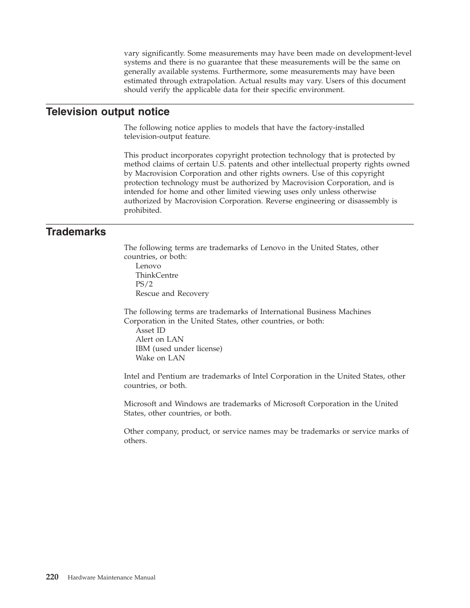 Television output notice, Trademarks, Television | Output, Notice | Lenovo THINKCENTRE 8177 User Manual | Page 226 / 228