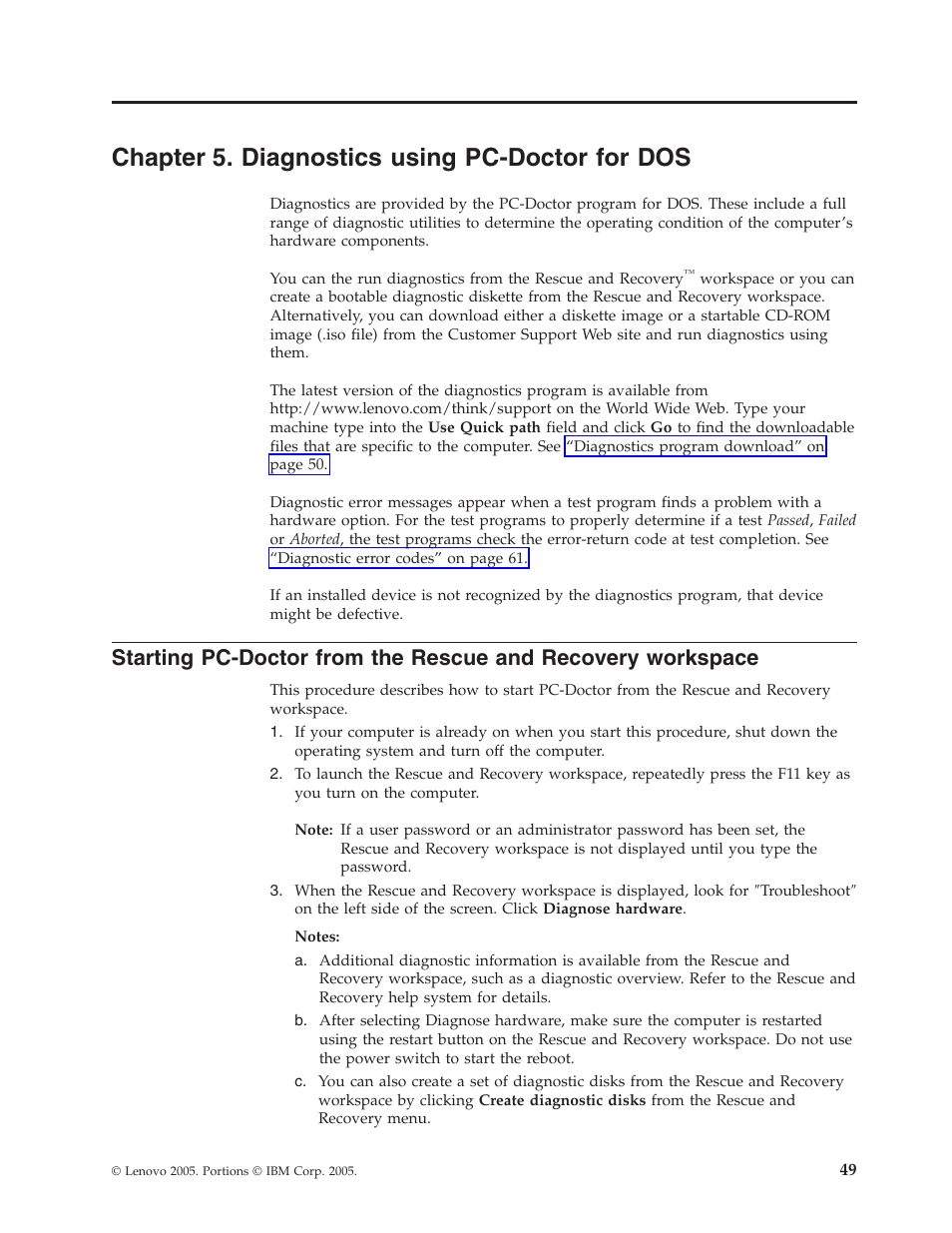 Chapter 5. diagnostics using pc-doctor for dos, Chapter, Diagnostics | Using, Pc-doctor, Starting, From, Rescue, Recovery, Workspace | Lenovo THINKCENTRE 8177 User Manual | Page 55 / 228