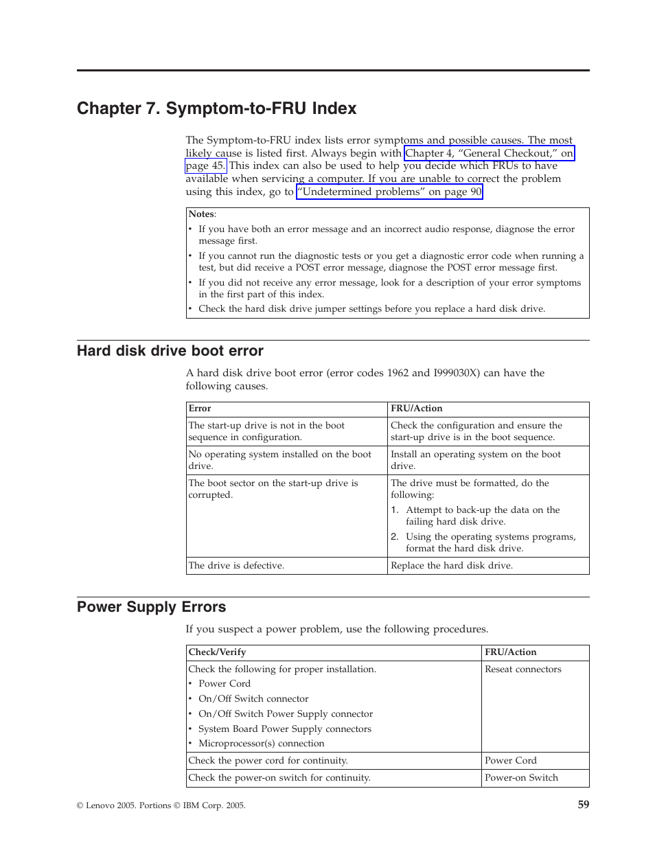 Chapter 7. symptom-to-fru index, Hard disk drive boot error, Power supply errors | Chapter, Symptom-to-fru, Index, Hard, Disk, Drive, Boot | Lenovo THINKCENTRE 8177 User Manual | Page 65 / 228