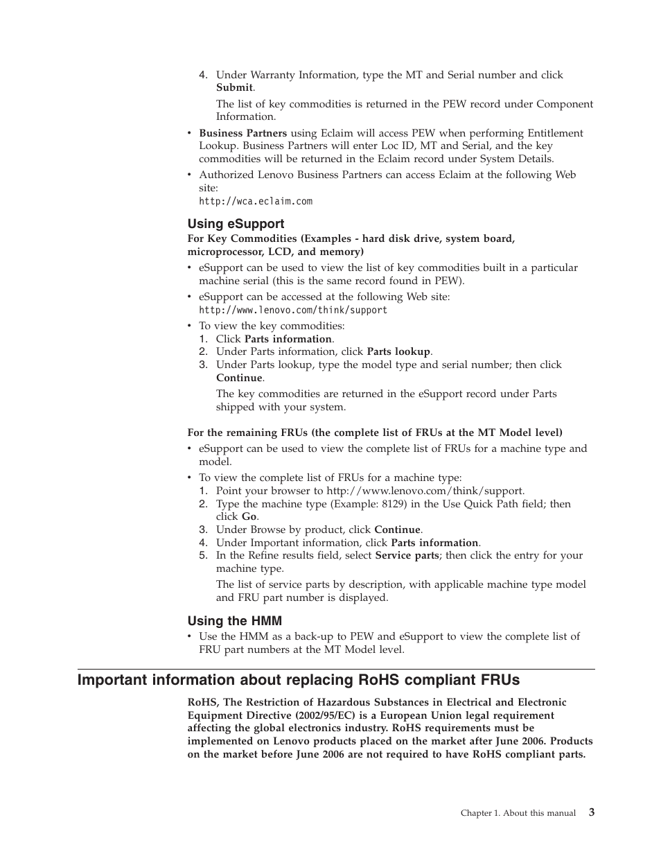 Using esupport, Using the hmm, Important | Information, About, Replacing, Rohs, Compliant, Frus | Lenovo THINKCENTRE 8177 User Manual | Page 9 / 228