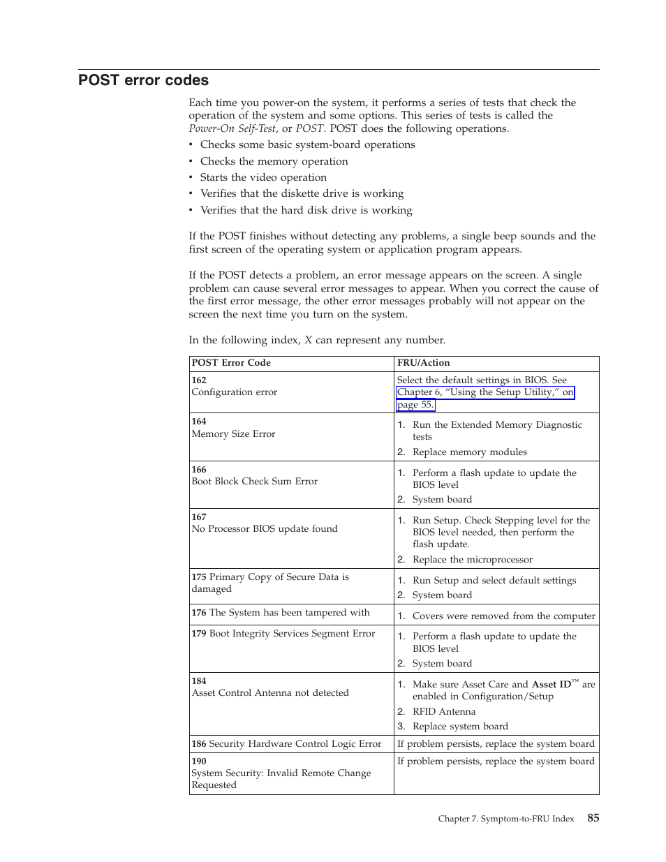 Post error codes, Post, Error | Codes | Lenovo THINKCENTRE 8177 User Manual | Page 91 / 228