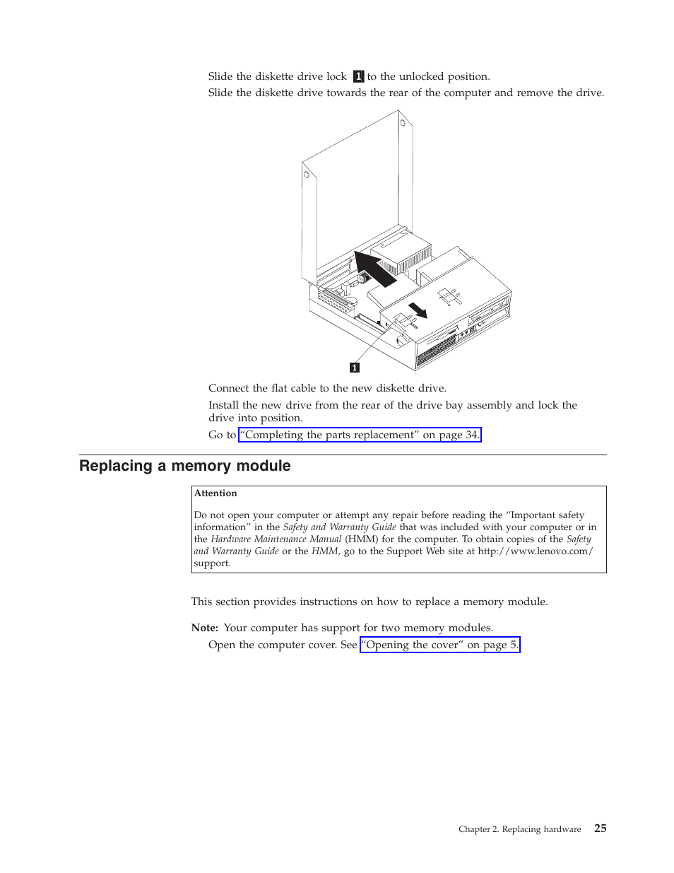 Replacing a memory module, Replacing, Memory | Module | Lenovo THINKCENTRE 8804 User Manual | Page 33 / 48