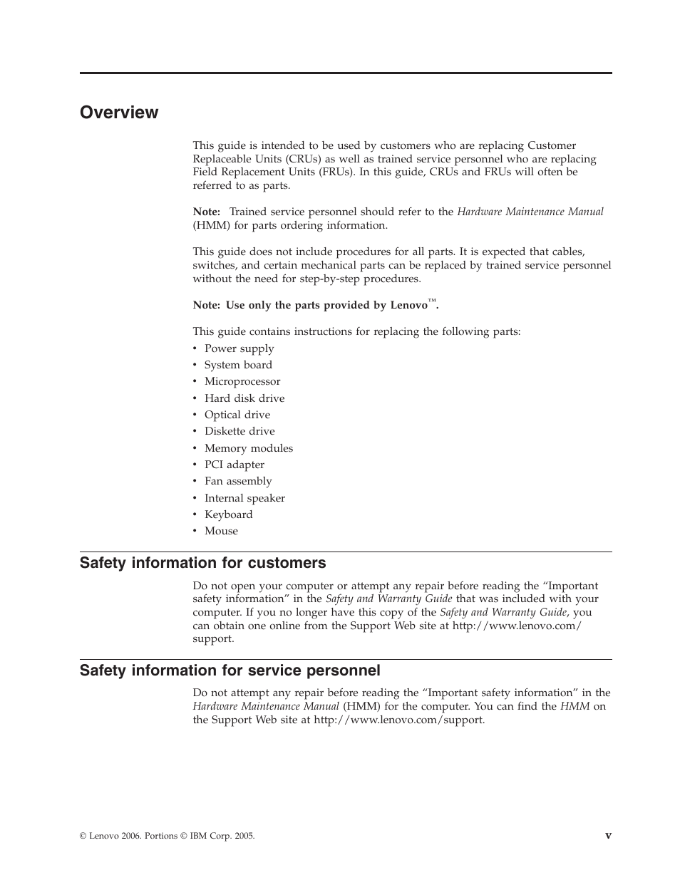 Overview, Safety information for customers, Safety information for service personnel | Safety, Information, Customers, Service, Personnel | Lenovo THINKCENTRE 8804 User Manual | Page 7 / 48