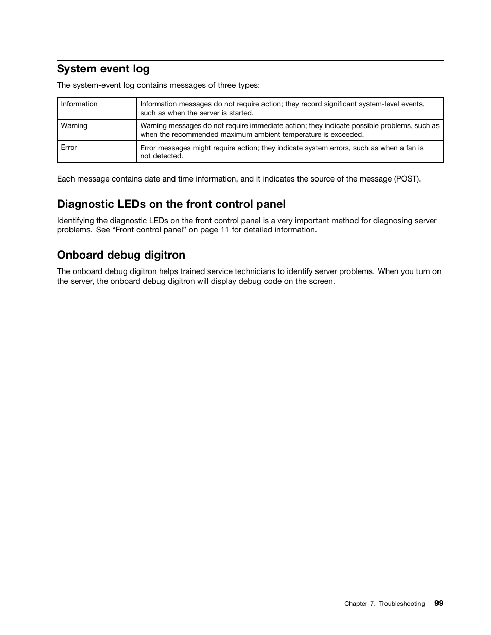 System event log, Diagnostic leds on the front control panel, Onboard debug digitron | Lenovo 1046 User Manual | Page 109 / 130