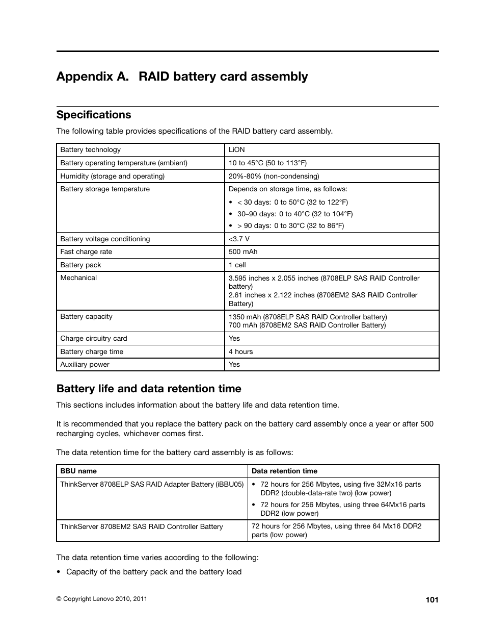 Appendix a. raid battery card assembly, Specifications, Battery life and data retention time | Lenovo 1046 User Manual | Page 111 / 130