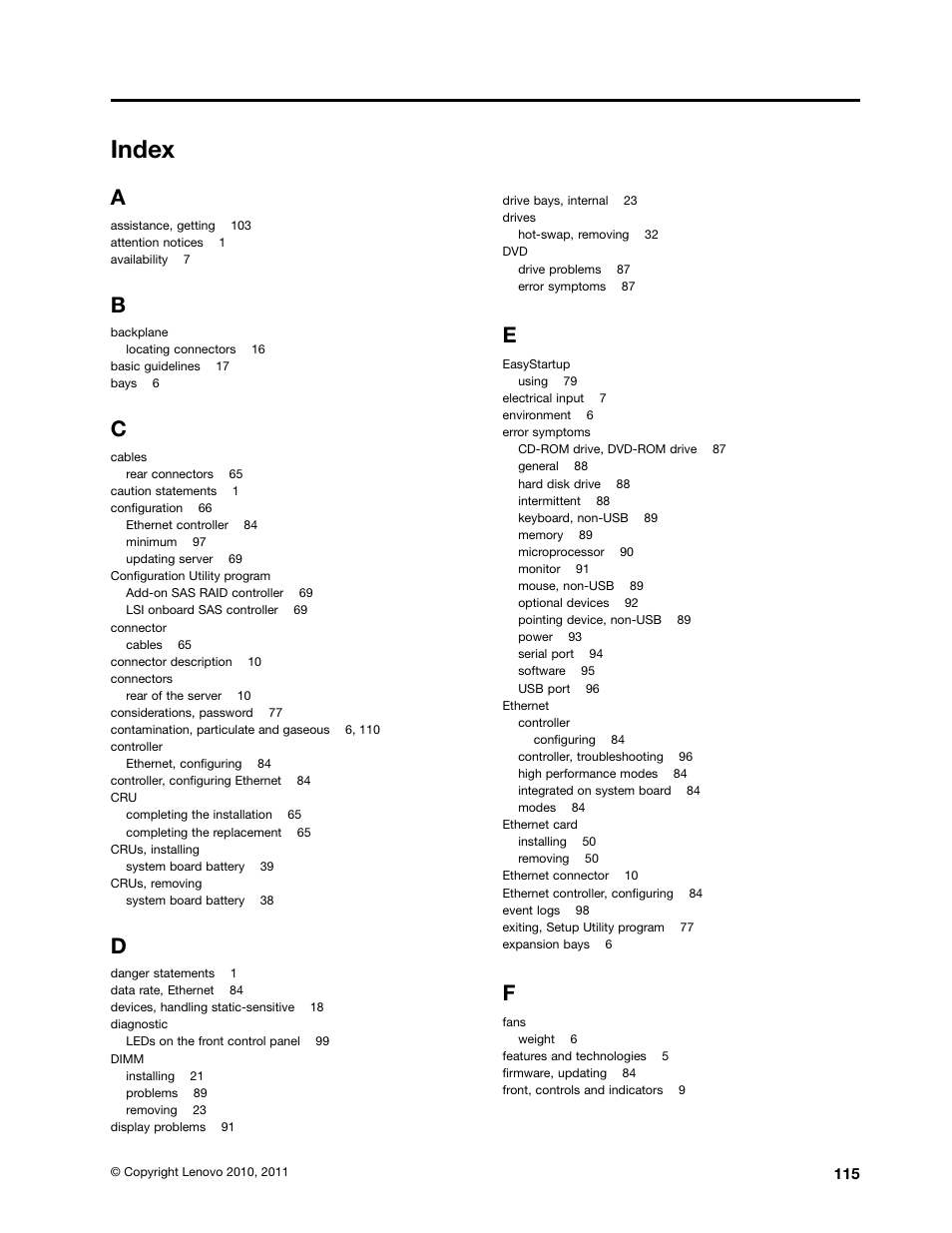 Index | Lenovo 1046 User Manual | Page 125 / 130