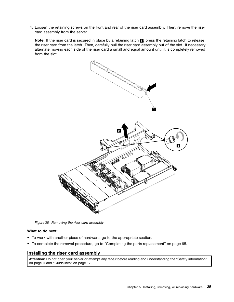 Installing the riser card assembly | Lenovo 1046 User Manual | Page 45 / 130