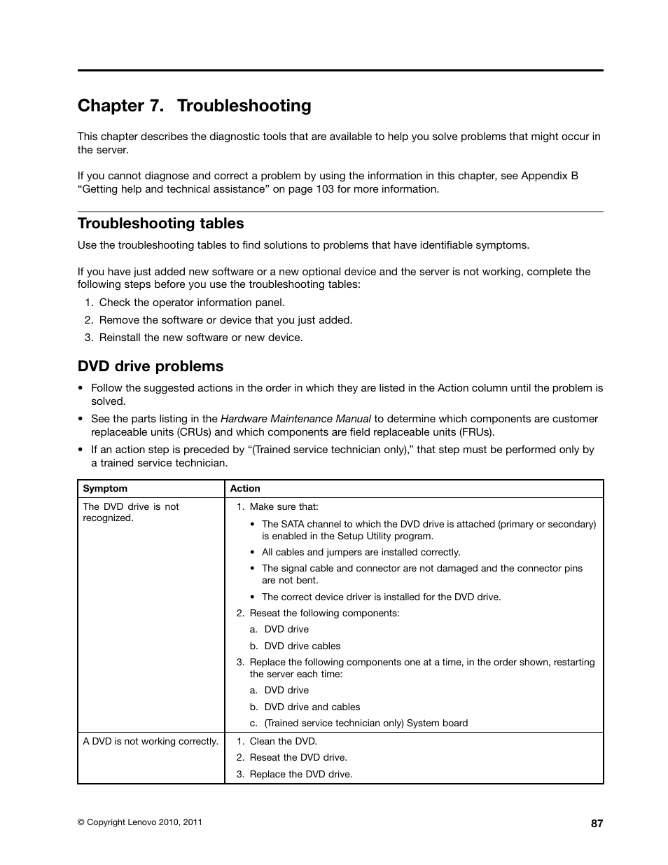 Chapter 7. troubleshooting, Troubleshooting tables, Dvd drive problems | Lenovo 1046 User Manual | Page 97 / 130