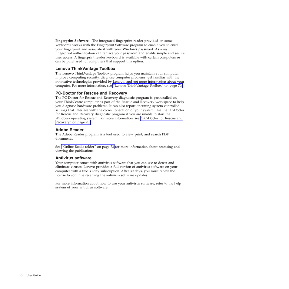 Lenovo thinkvantage toolbox, Pc-doctor for rescue and recovery, Adobe reader | Antivirus software | Lenovo 5023 User Manual | Page 14 / 94