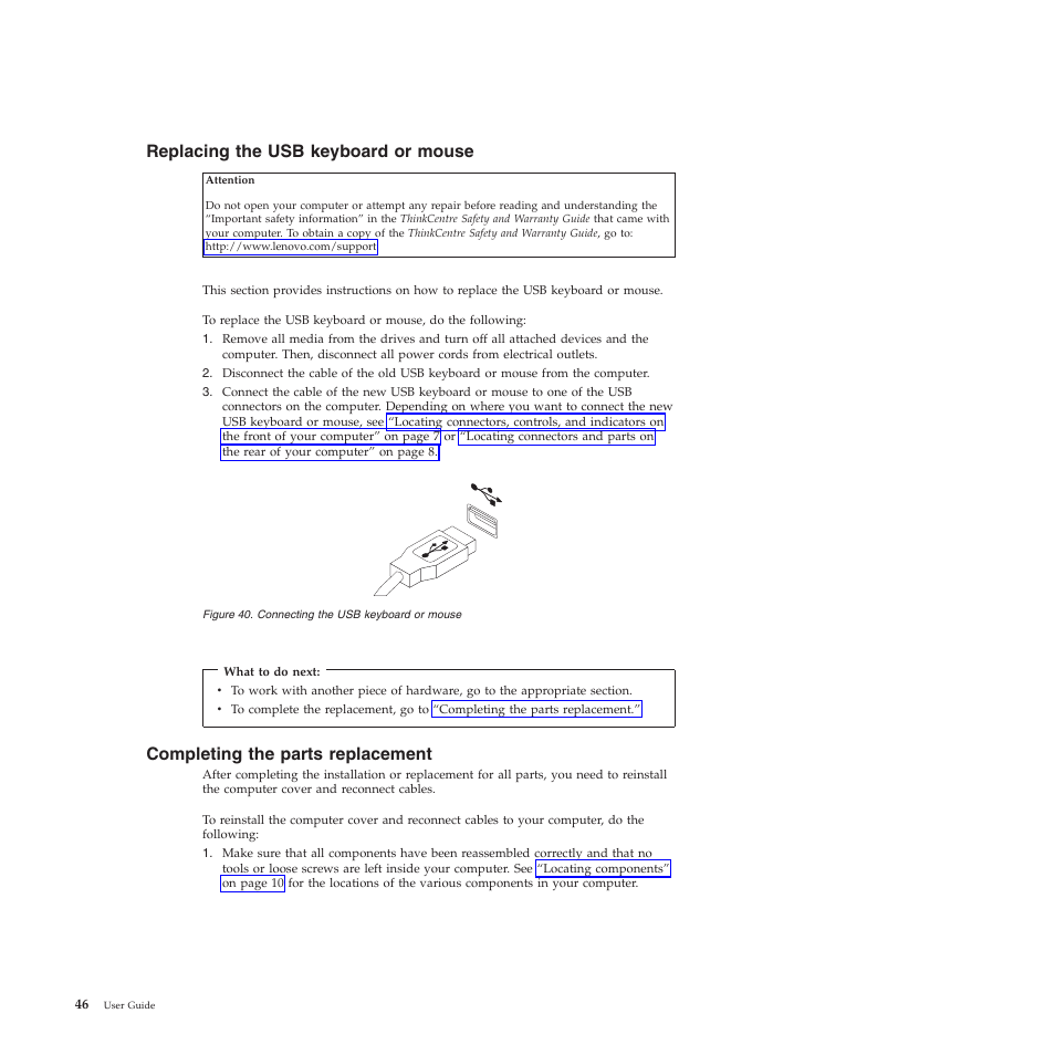 Replacing the usb keyboard or mouse, Completing the parts replacement | Lenovo 5023 User Manual | Page 54 / 94