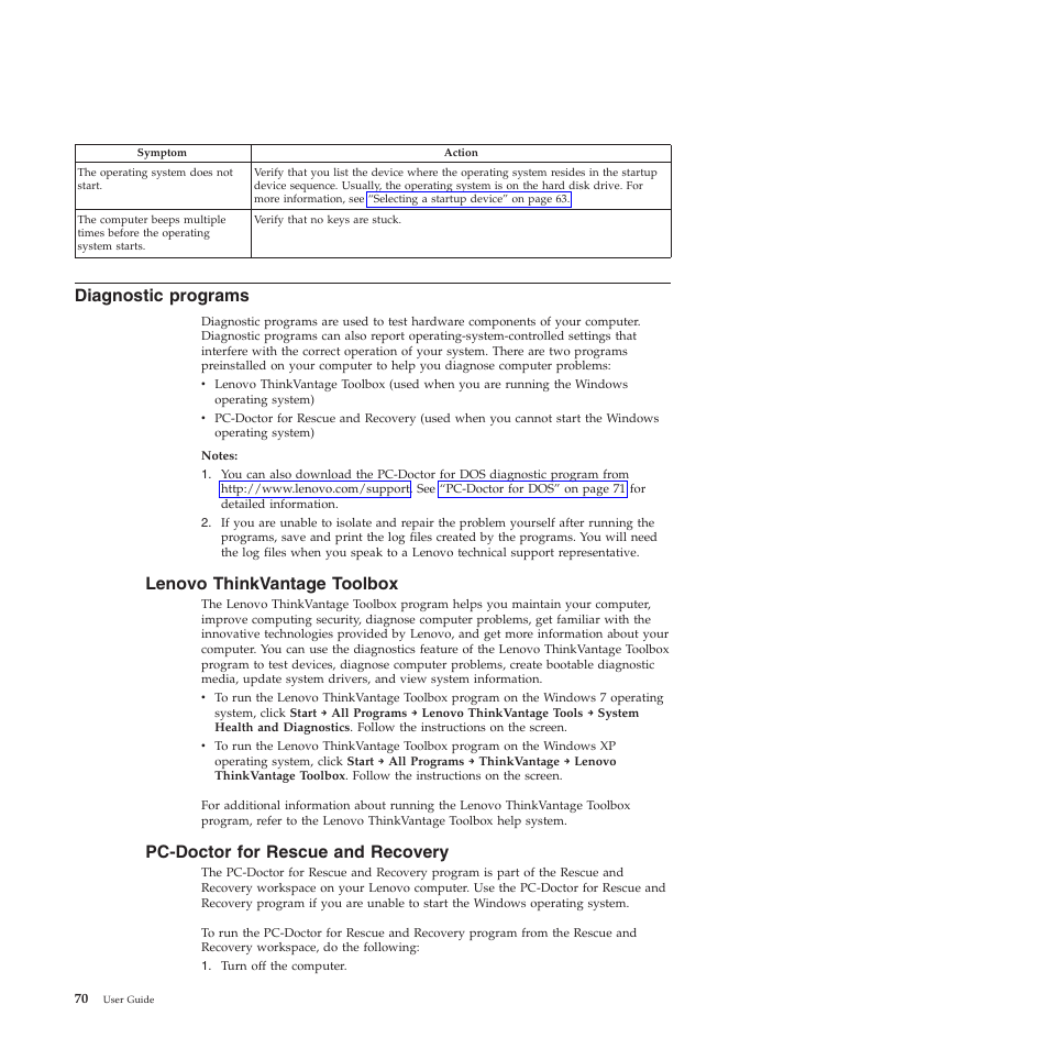 Diagnostic programs, Lenovo thinkvantage toolbox, Pc-doctor for rescue and recovery | Lenovo 5023 User Manual | Page 78 / 94