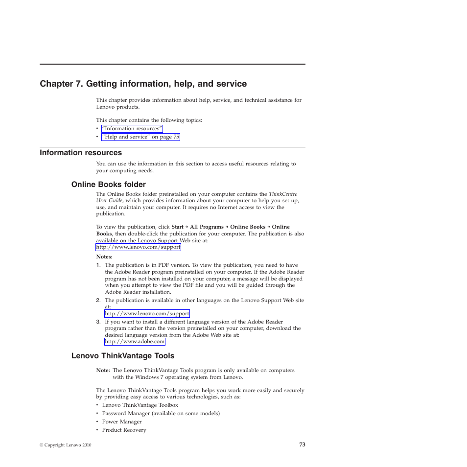 Chapter 7. getting information, help, and service, Information resources, Online books folder | Lenovo thinkvantage tools | Lenovo 5023 User Manual | Page 81 / 94