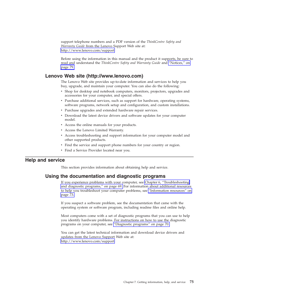 Lenovo web site (http://www.lenovo.com), Help and service, Using the documentation and diagnostic programs | Lenovo 5023 User Manual | Page 83 / 94