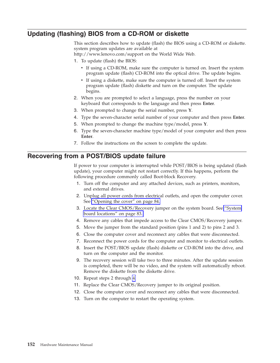 Updating (flashing) bios from a cd-rom or diskette, Recovering from a post/bios update failure, Updating | Flashing), Bios, From, Cd-rom, Diskette, Recovering, Post/bios | Lenovo THINKCENTRE 6396 User Manual | Page 158 / 164