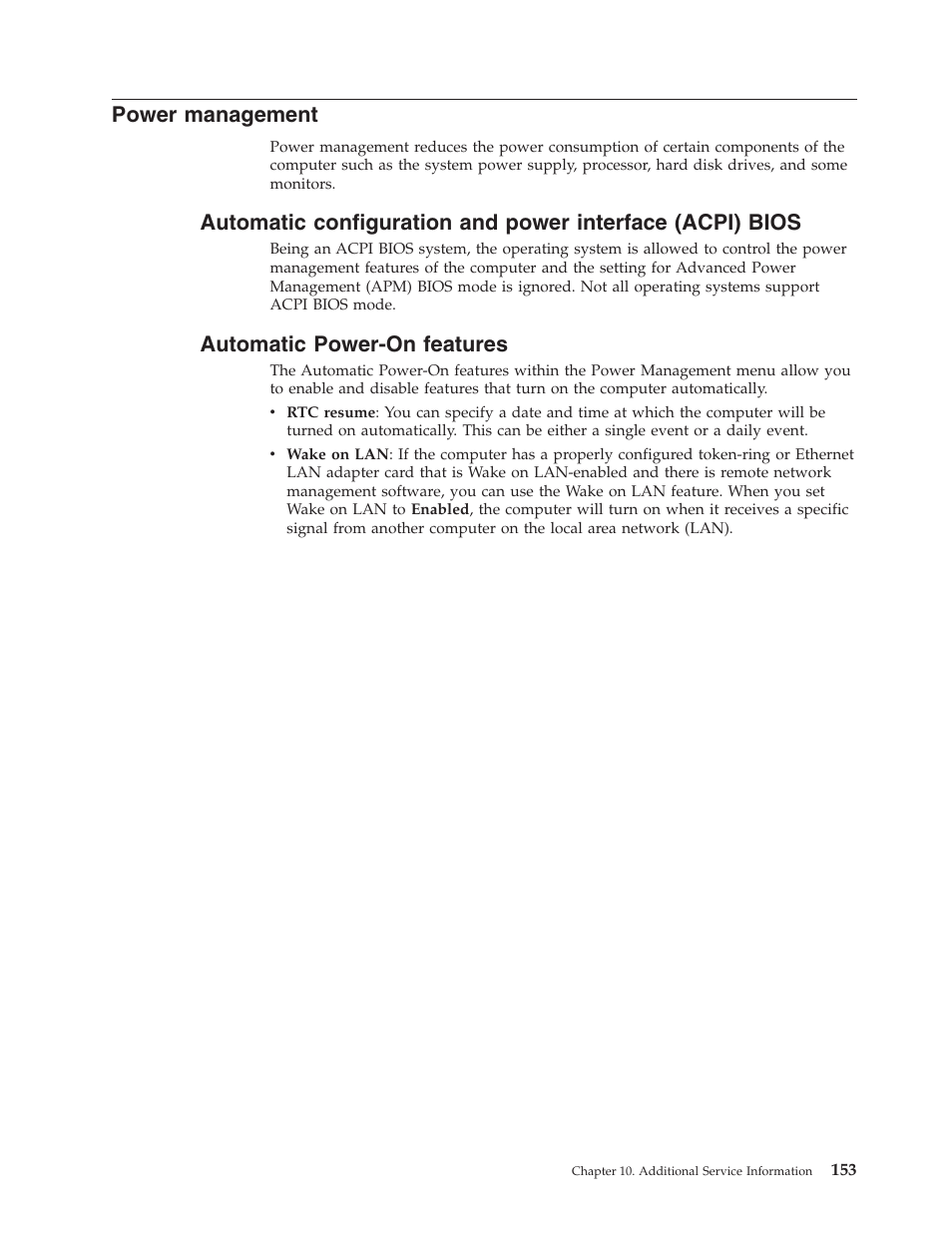 Power management, Automatic power-on features, Power | Management, Automatic, Configuration, Interface, Acpi), Bios, Power-on | Lenovo THINKCENTRE 6396 User Manual | Page 159 / 164