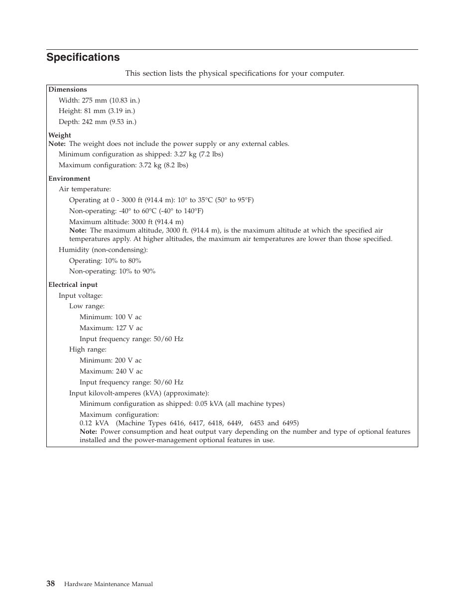 Specifications | Lenovo THINKCENTRE 6396 User Manual | Page 44 / 164