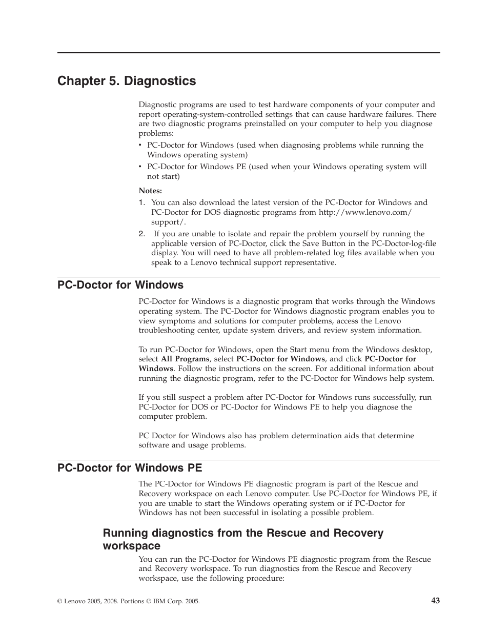 Chapter 5. diagnostics, Pc-doctor for windows, Pc-doctor for windows pe | Chapter, Diagnostics, Pc-doctor, Windows, Running, From, Rescue | Lenovo THINKCENTRE 6396 User Manual | Page 49 / 164