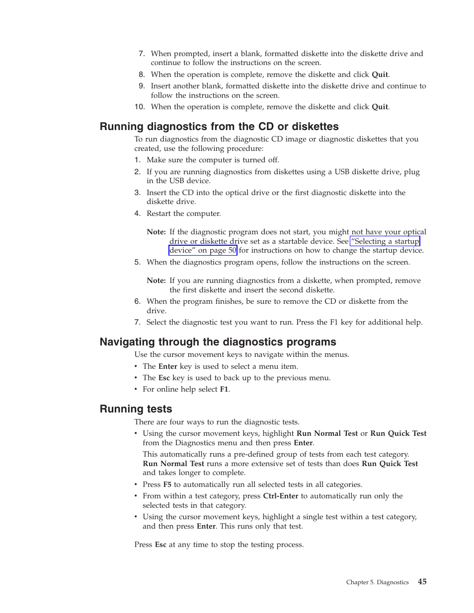 Running diagnostics from the cd or diskettes, Navigating through the diagnostics programs, Running tests | Running, Diagnostics, From, Diskettes, Navigating, Through, Programs | Lenovo THINKCENTRE 6396 User Manual | Page 51 / 164