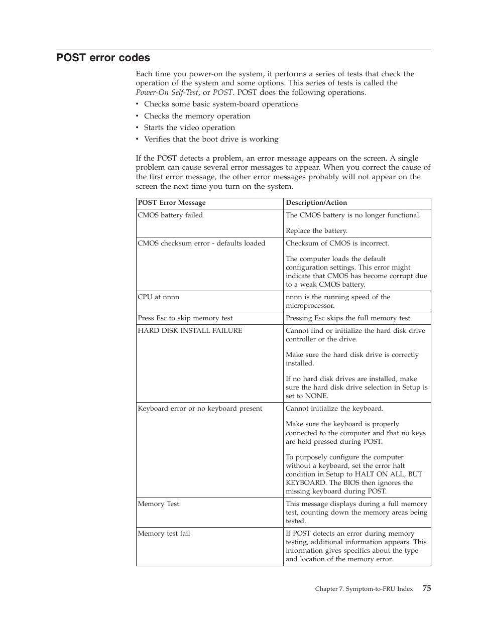 Post error codes, Post, Error | Codes | Lenovo THINKCENTRE 6396 User Manual | Page 81 / 164