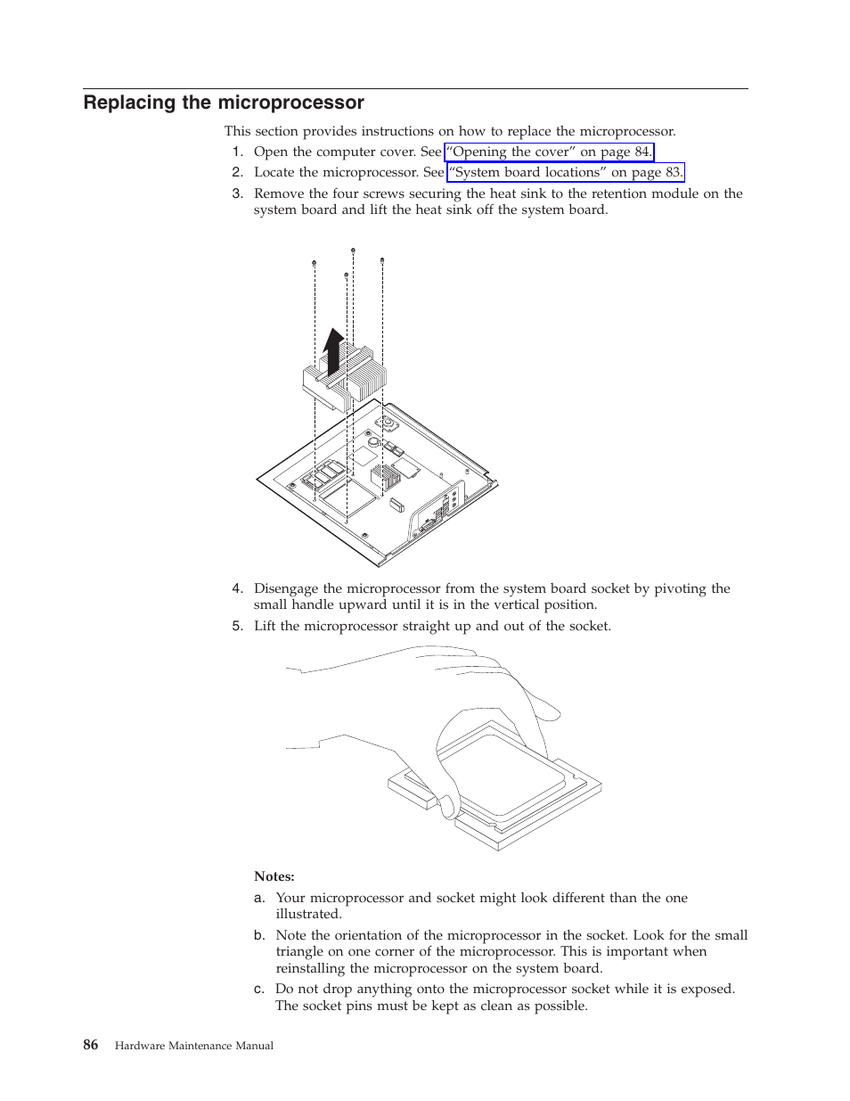 Replacing the microprocessor, Replacing, Microprocessor | Lenovo THINKCENTRE 6396 User Manual | Page 92 / 164