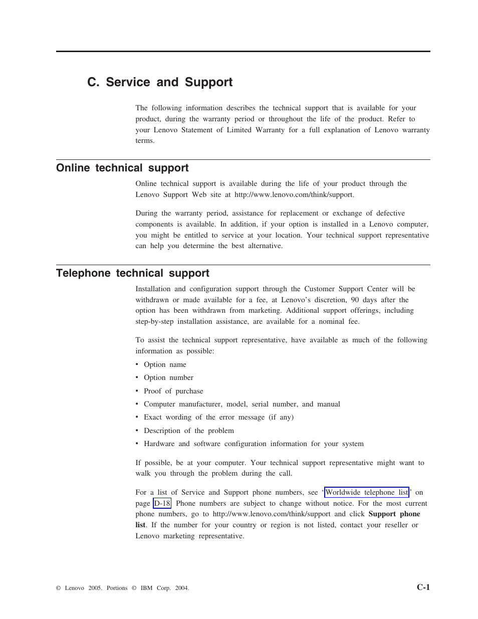 付録 c. service and support, Online technical support, Telephone technical support | C. service and support, C. service and support . . . . c-1 | Lenovo 40Y8637 User Manual | Page 47 / 78