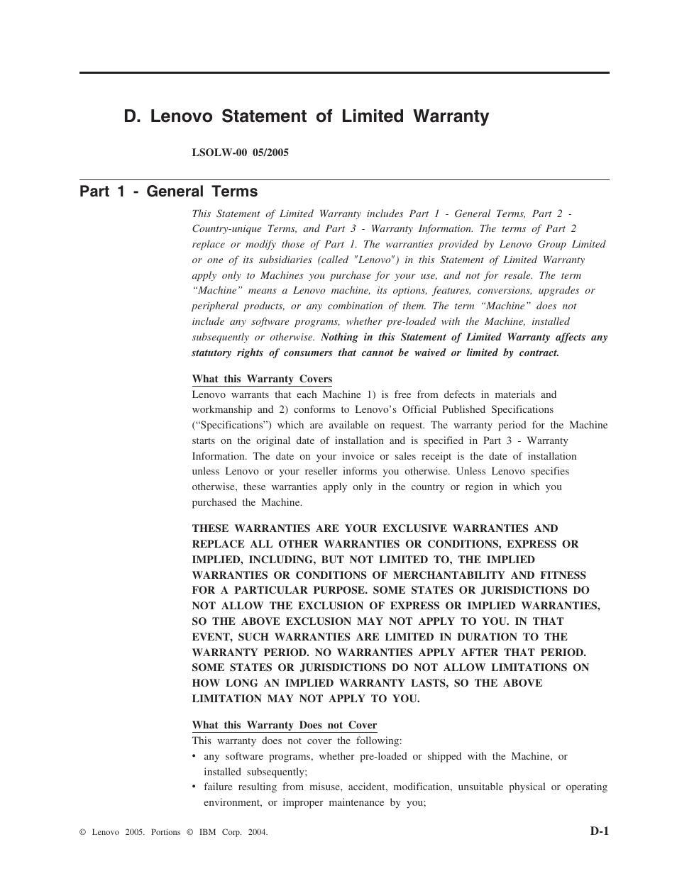 付録 d. lenovo statement of limited warranty, Part 1 - general terms, D. lenovo | Statement of limited warranty, D. lenovo statement of limited, Warranty . . . . . . . . . . . . . d-1, D. lenovo statement of limited warranty | Lenovo 40Y8637 User Manual | Page 49 / 78