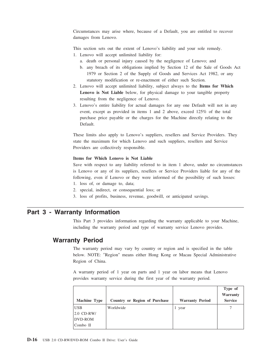 Part 3 - warranty information, Warranty period, D-16 | Lenovo 40Y8637 User Manual | Page 64 / 78