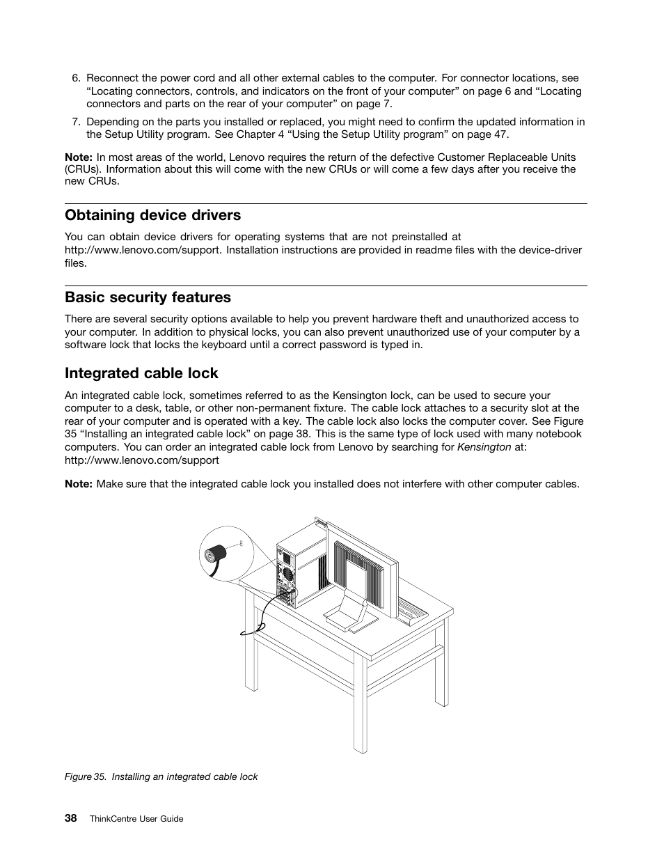 Obtaining device drivers, Basic security features, Integrated cable lock | Lenovo 4162 User Manual | Page 46 / 78