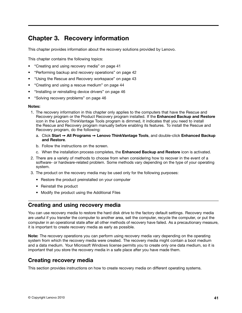 Chapter 3. recovery information, Creating and using recovery media, Creating recovery media | Lenovo 4162 User Manual | Page 49 / 78