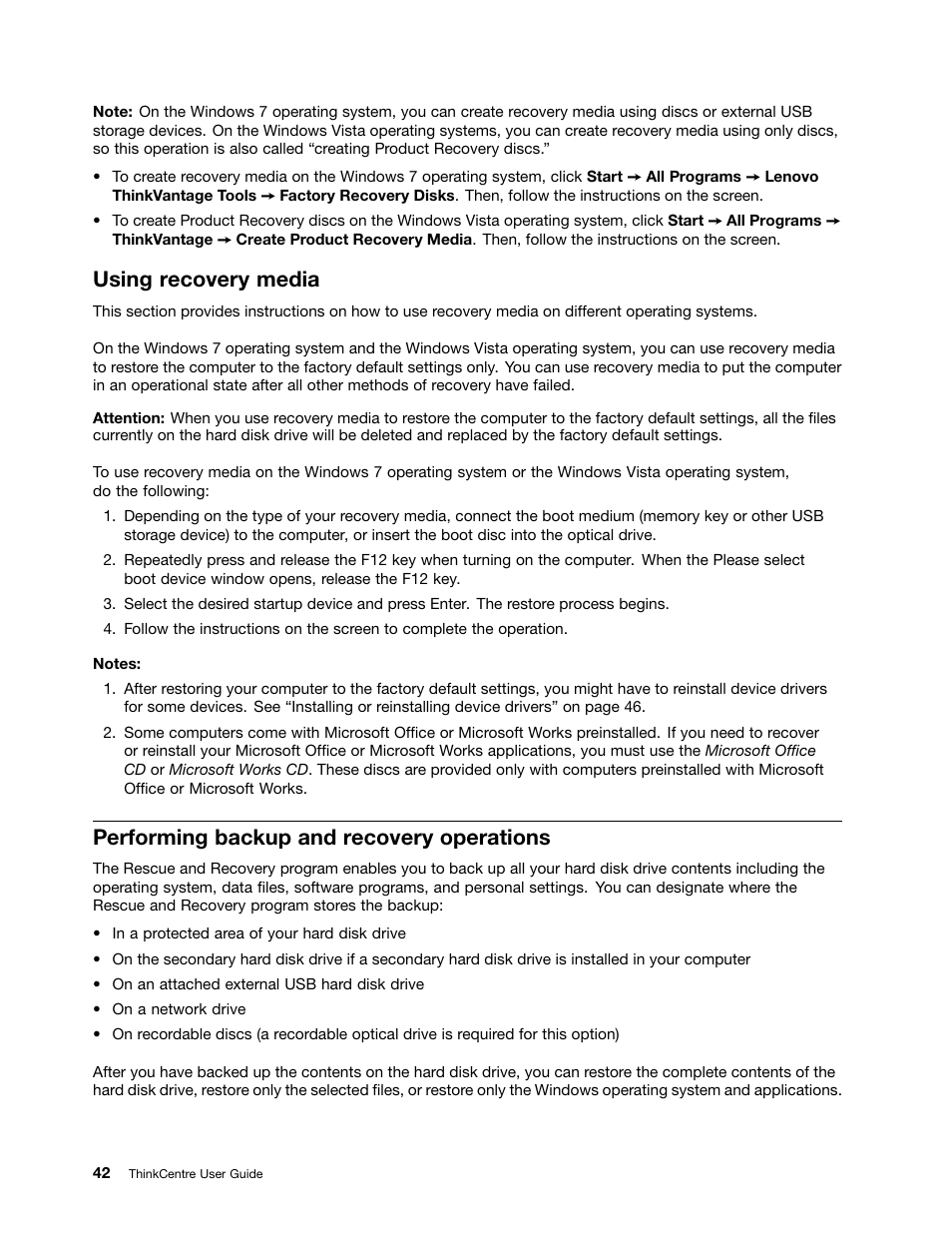 Using recovery media, Performing backup and recovery operations | Lenovo 4162 User Manual | Page 50 / 78