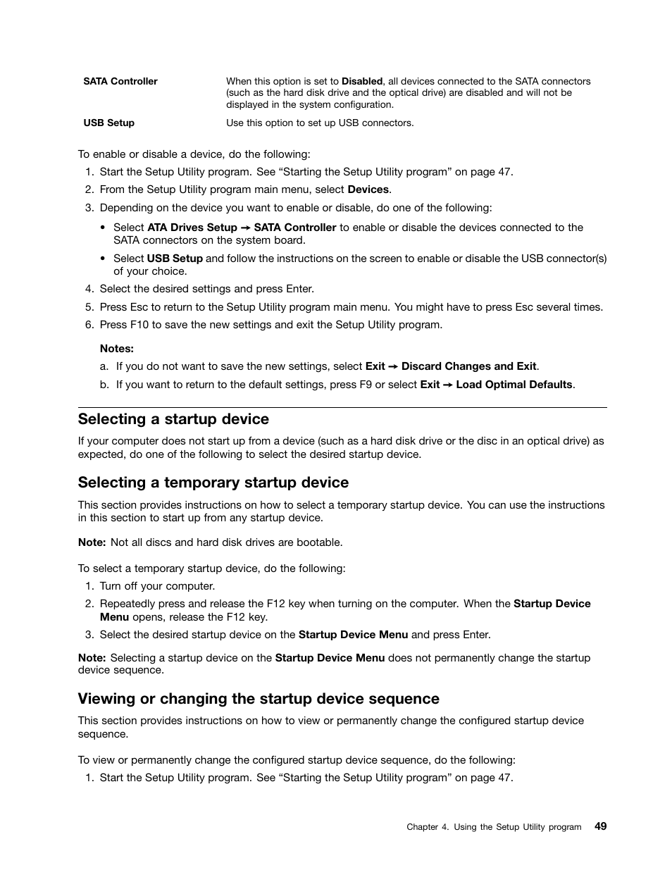 Selecting a startup device, Selecting a temporary startup device, Viewing or changing the startup device sequence | Lenovo 4162 User Manual | Page 57 / 78