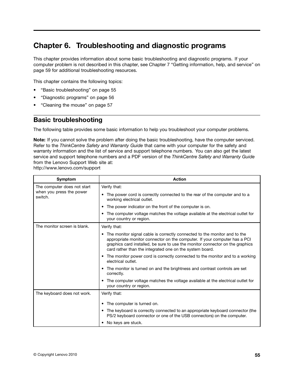 Chapter 6. troubleshooting and diagnostic programs, Basic troubleshooting | Lenovo 4162 User Manual | Page 63 / 78