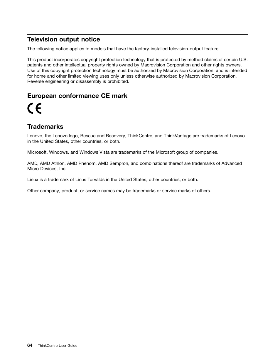 Television output notice, European conformance ce mark, Trademarks | European conformance ce mark trademarks | Lenovo 4162 User Manual | Page 72 / 78