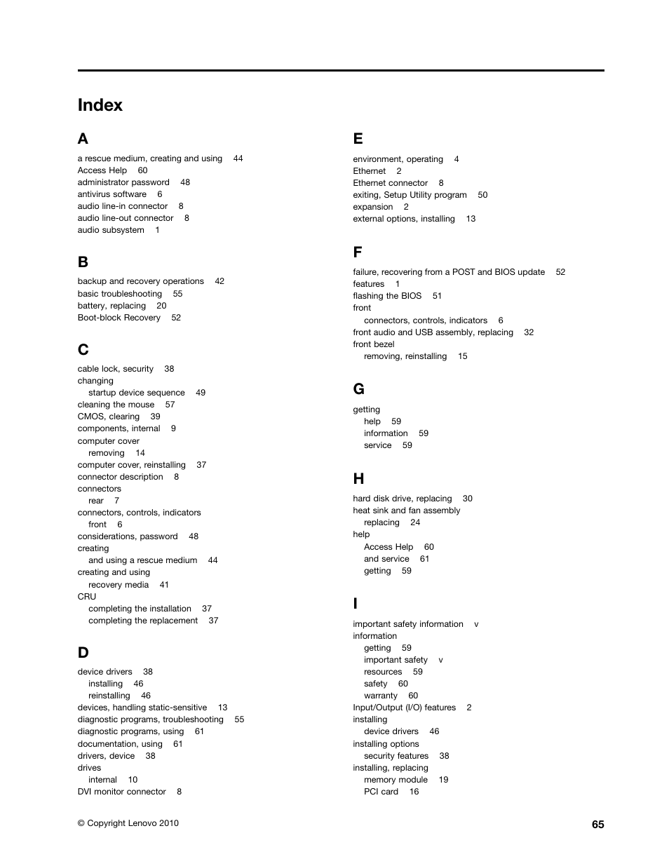 Index | Lenovo 4162 User Manual | Page 73 / 78