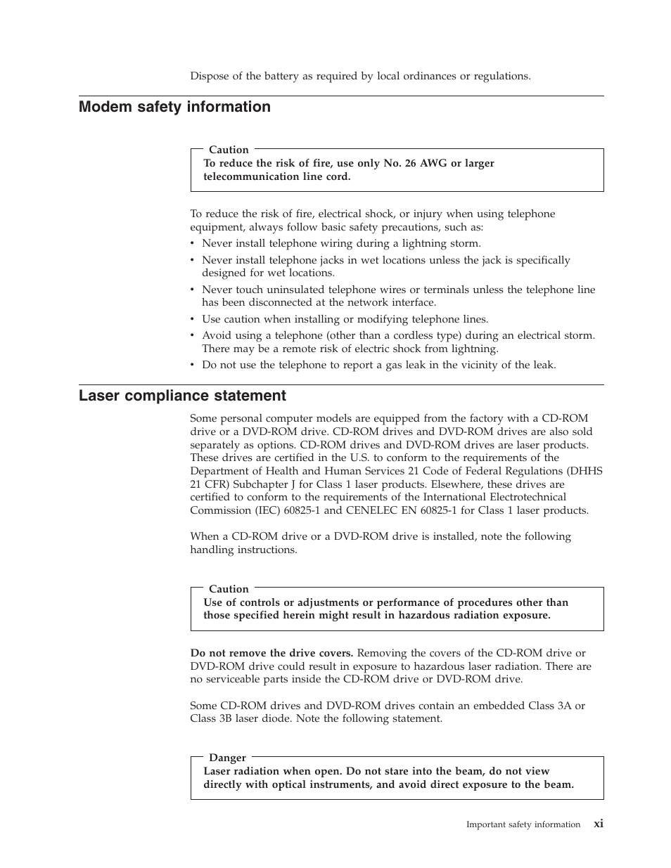 Modem safety information, Laser compliance statement, Modem | Safety, Information, Laser, Compliance, Statement | Lenovo 8795 User Manual | Page 13 / 86