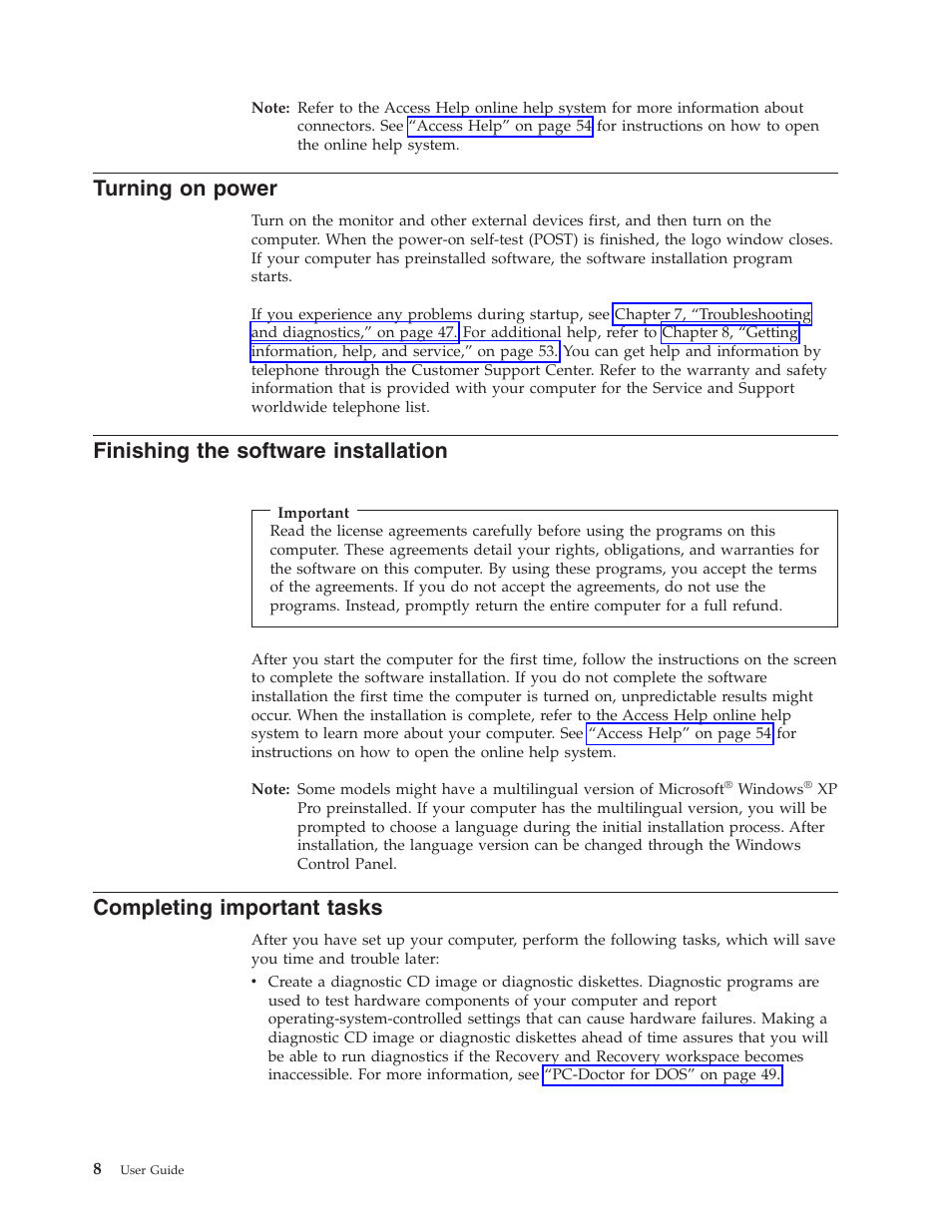 Turning on power, Finishing the software installation, Completing important tasks | Turning, Power, Finishing, Software, Installation, Completing, Important | Lenovo 8795 User Manual | Page 24 / 86