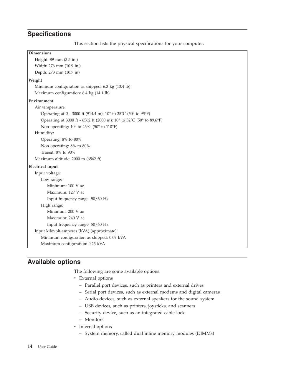 Specifications, Available options, Available | Options | Lenovo 8795 User Manual | Page 30 / 86