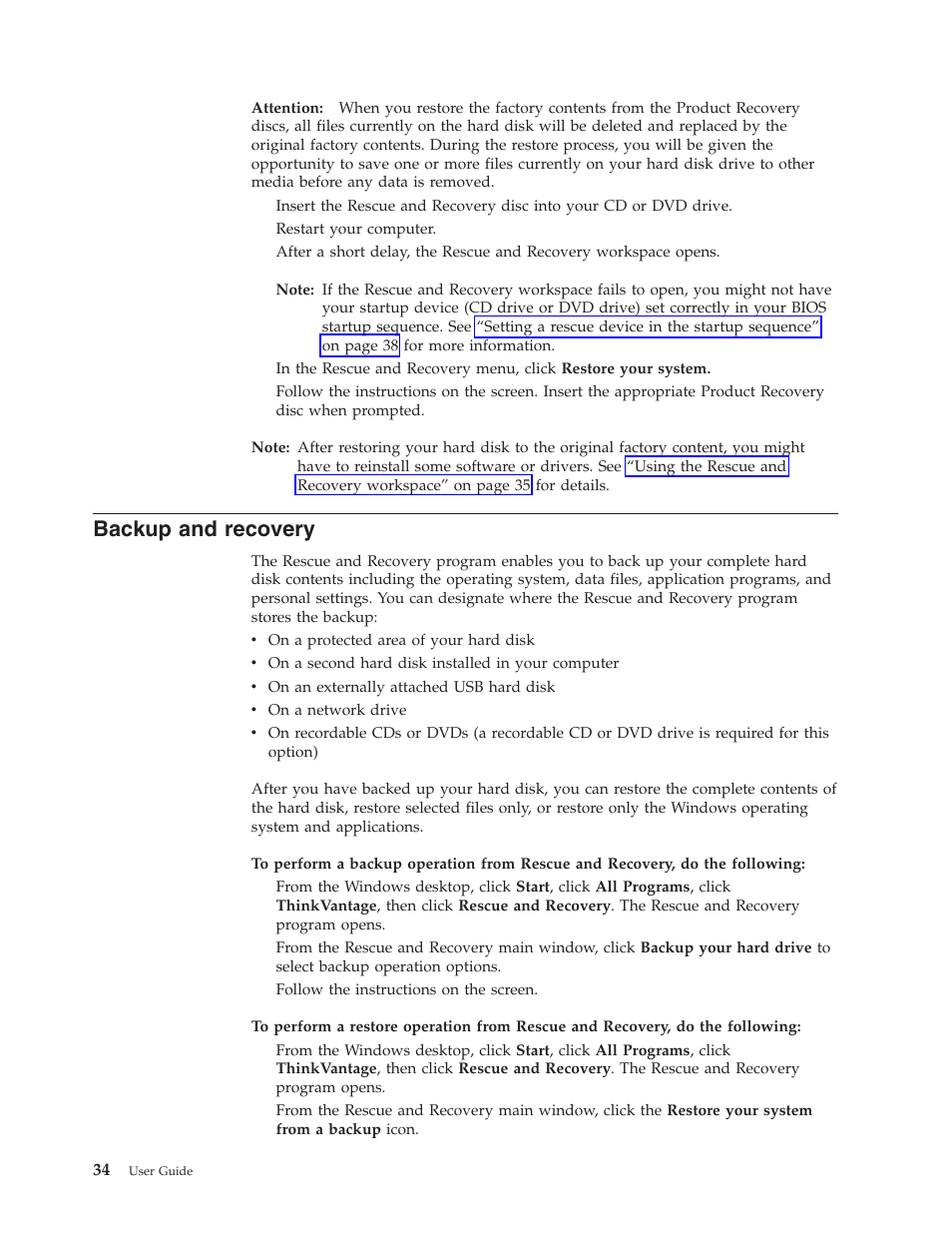 Backup and recovery, Backup, Recovery | Lenovo 8795 User Manual | Page 50 / 86