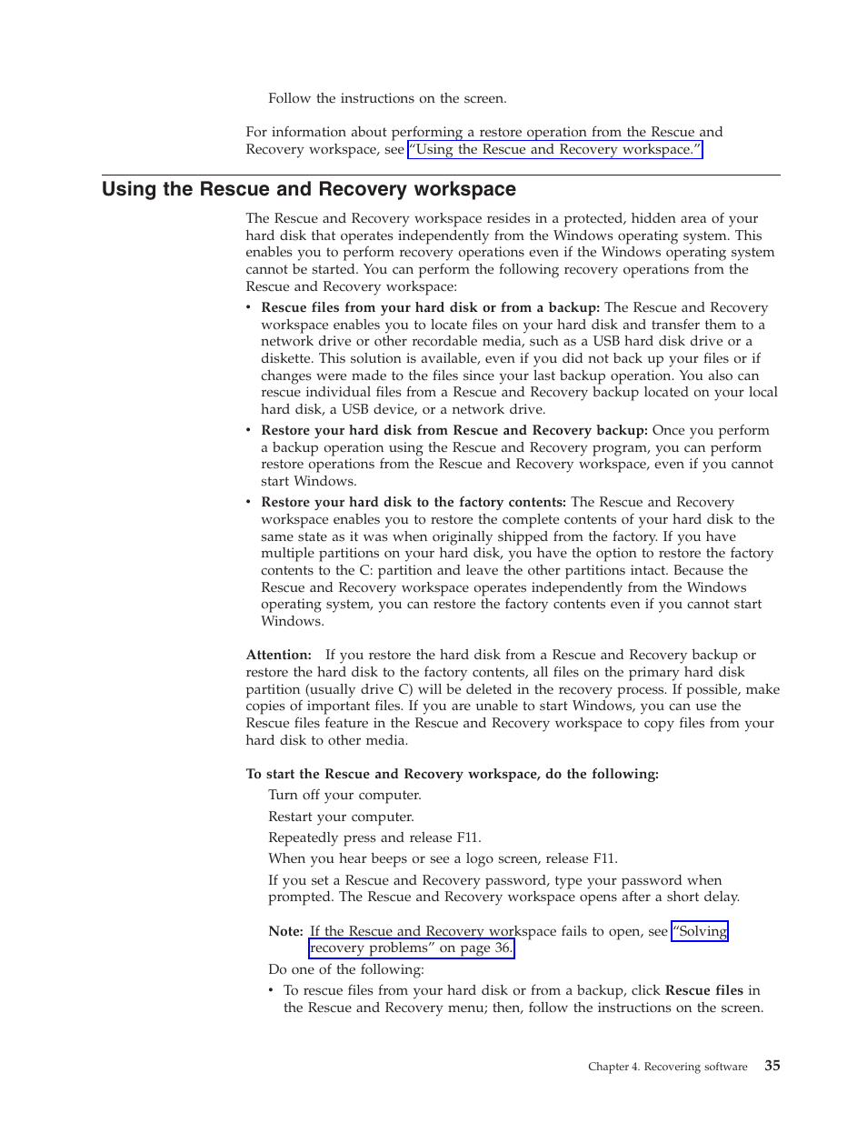 Using the rescue and recovery workspace, Using, Rescue | Recovery, Workspace | Lenovo 8795 User Manual | Page 51 / 86