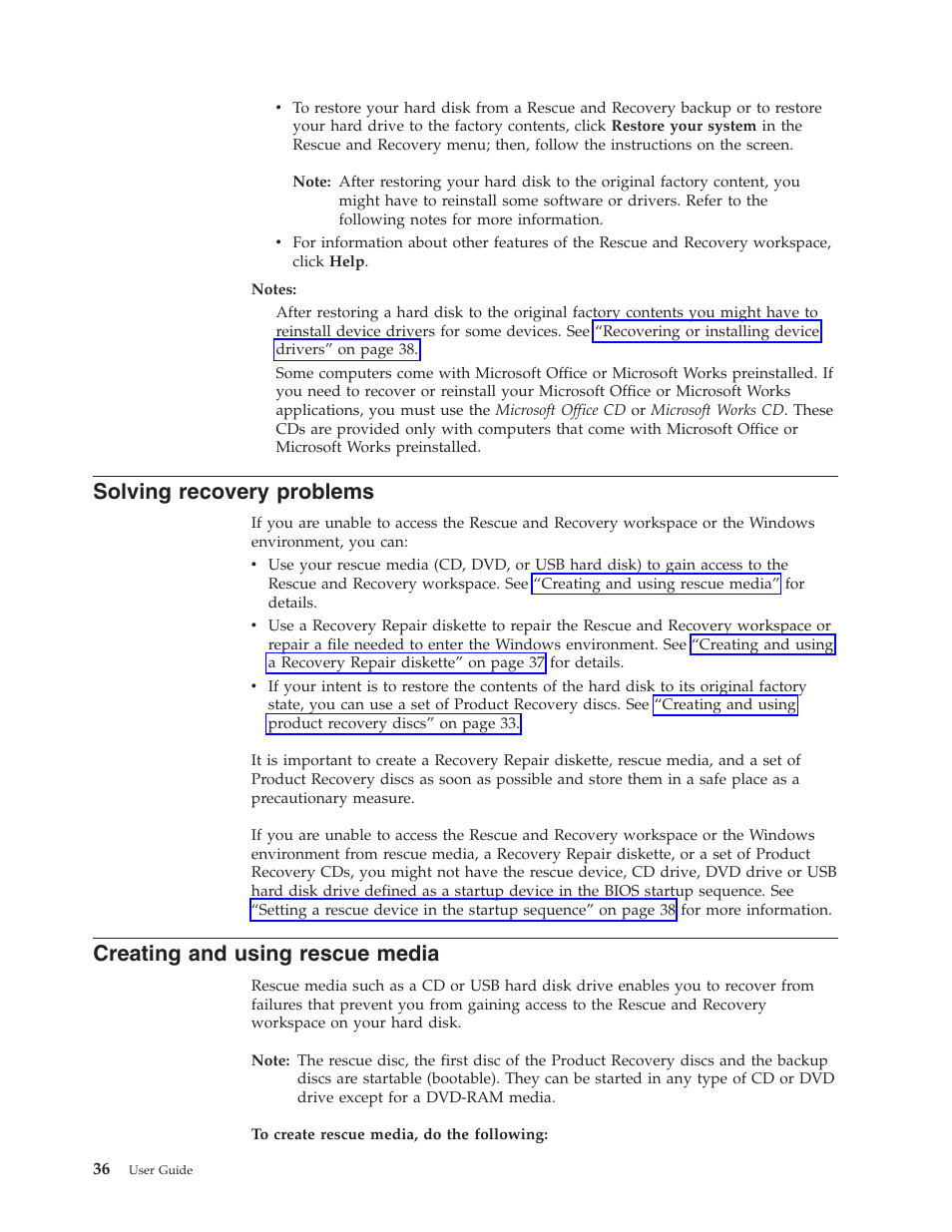 Solving recovery problems, Creating and using rescue media, Solving | Recovery, Problems, Creating, Using, Rescue, Media | Lenovo 8795 User Manual | Page 52 / 86