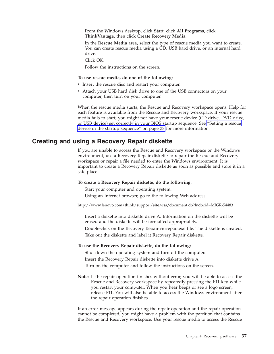 Creating and using a recovery repair diskette, Creating, Using | Recovery, Repair, Diskette | Lenovo 8795 User Manual | Page 53 / 86